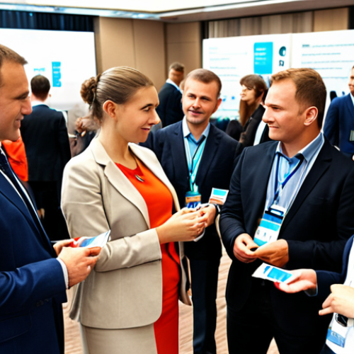 Home 4 A diverse group of public servants networking at a conference, exchanging business cards and engaging in discussions. The background should feature banners with words like "Public Administration," "Innovation," and "International Cooperation" in Russian. The atmosphere should be professional and collaborative.