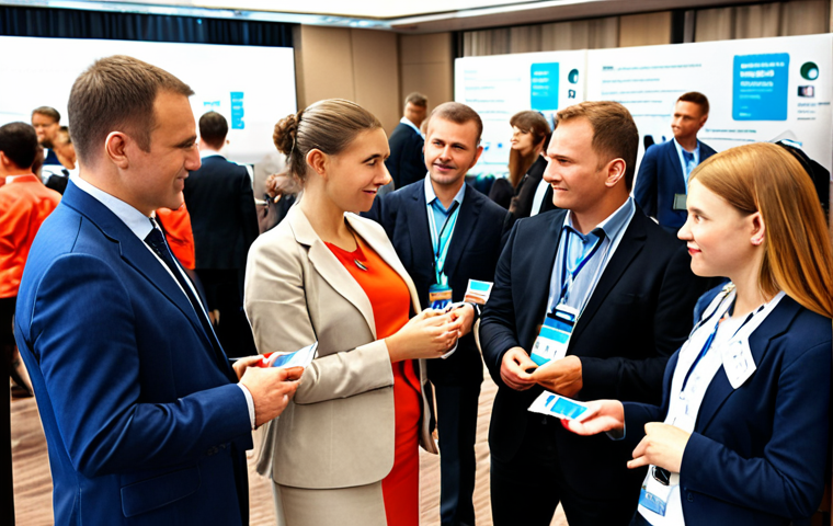 A diverse group of public servants networking at a conference, exchanging business cards and engaging in discussions. The background should feature banners with words like "Public Administration," "Innovation," and "International Cooperation" in Russian. The atmosphere should be professional and collaborative.